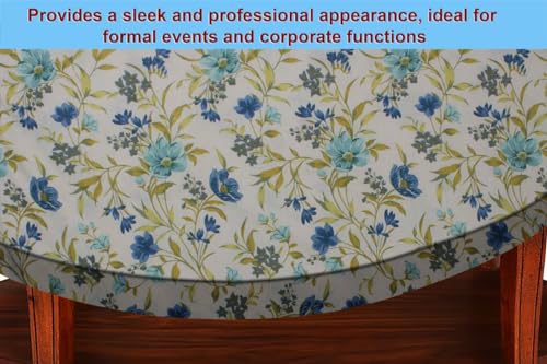 Image of The Furnishing Tree Elastic Cotton Oval Center Table Cover 16x48 in Inches Floral Blue Leaf on offwhite Base