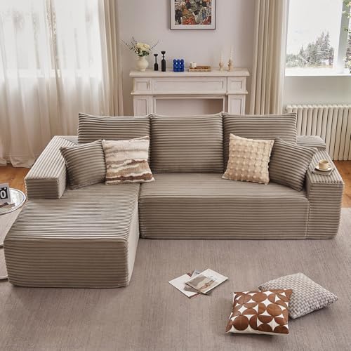 Image of 107 inch Cloud Sectional Couch with L-Shape Chaise, Modern Modular Comfy Sofa with Deep Seat, Upholstered Corduroy Couches Sleeper Chaise Longue for Living Room Bedroom, No Assembly Required, Camel