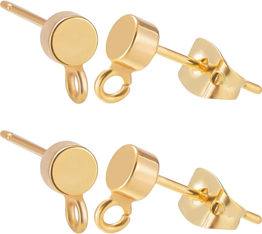 Beebeecraft 1 Box 20Pcs 4mm Real 18K Gold Plated Earring Posts Brass Earring Studs Small Dot Disc Flat Round Stud Earrings Findings with Loop and Butterfly Ear Nuts for Jewelry Making DIY Craft