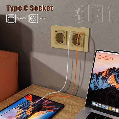 BSEED Steckdose mit USB C(5 V 2.1A),Unterputz Steckdose (Typ C und Typ C),16A 250V 2 Fach Wandsteckdose,2*USB C Einbausteckdose Geeignet für Phone,Pad-157mm*86mm,Gold
