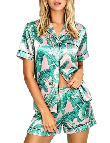 Image of LecGee Womens Silk Satin Pajamas Short Sleeve Loungewear Two-Piece Sleepwear Button-Down Pj Set