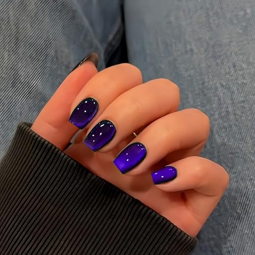 SXVME Cat Eye Soft Gel Press on Nails Short Coffin, 30 Pcs Lavender Blue Cat Eye False Nails Short Square, Sparkly Glitter Black Nails Press on, Shiny Bling Gel Stick on Nail for Women Small Sizes