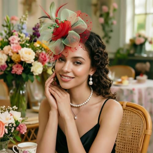 Image of DRESHOW Fascinators Hat Flower Mesh Ribbons Feathers on a Headband and a Clip Tea Party Headwear for Girls and Women