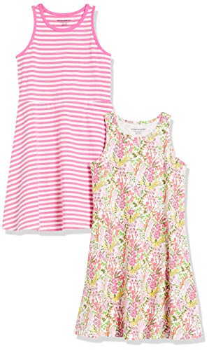 Amazon Essentials Toddler Girls' Knit Sleeveless Tank Play Dress, Pack of 2, Pink Stripe/White Floral, 3T