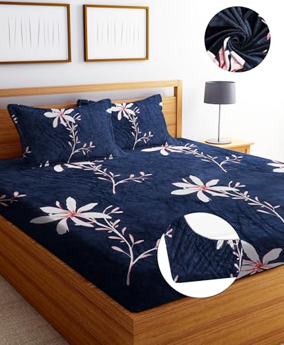 Image of Premium Elastic Fitted Warm bedsheets for Winter for Double Bed, Elastic Fitted Winter bedsheets for King Size Bed with 2 Pillow Covers, Size - 72 x 78 Inches (Navy)