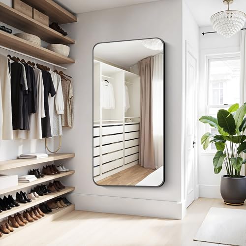 Image of KOCUUY 60 inchx30 inch Large Rectangle Vanity Mirror, Black Metal Frame Mirror with Rounded Corner, Modern Design of Upgraded Shatterproof Glass for Bathroom, Bedroom, Living Room, Entryway