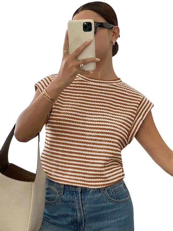 Image of Jawdrobe Women's Striped Western Top Round Neck Cap Sleeve T-Shirt for Women