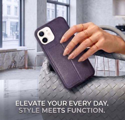 Image of amazon basics Luxury Vegan Leather Back Cover for iPhone 12 | Built-in Card Holder Slot | Integrated Mobile Stand | Slim Shockproof Protective Case with Stitched Finish - Purple