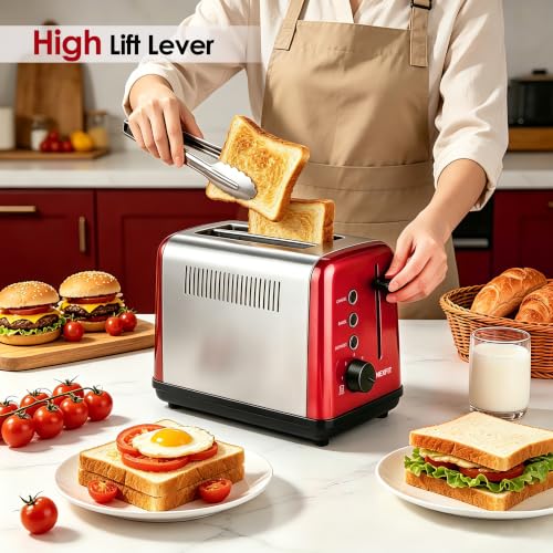 Image of Toaster 2 Slice, Stainless Steel, 6 Shade Settings, 1.5 inch Extra Wide Slots | NEXFIT Retro Toaster with Bagel, Defrost, Reheat & Cancel Functions, 900W, Removable Crumb Tray, High Lift, Cord Wrap, Red