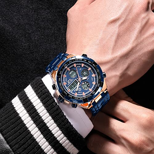 Image of GOLDEN HOUR Luxury Stainless Steel Analog Digital Watches for Men Male Outdoor Sport Waterproof Big Heavy Wristwatch