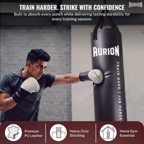 Image of Aurion 4ft Punching Bag for Home - Durable SRF Boxing Punching Bag, Pre-Filled, Heavy-Duty Hanging Straps, Shock Absorbing, Multi-Sport Use, Unisex Gear, Indoor /Outdoor