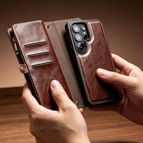 Étui portefeuille Samsung S26 Ultra magnétique détachable clapet fermeture éclair cuir