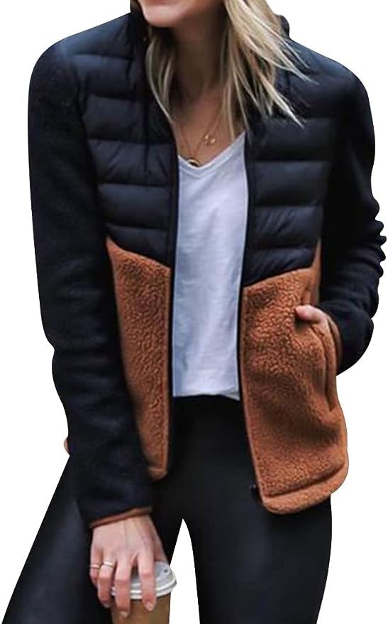 Womens Long-Sleeve Zipper Front Patchwork Down Jacket Slim Fit Contrast Color Coat Fall Winter Sherpa Fleece Jacket