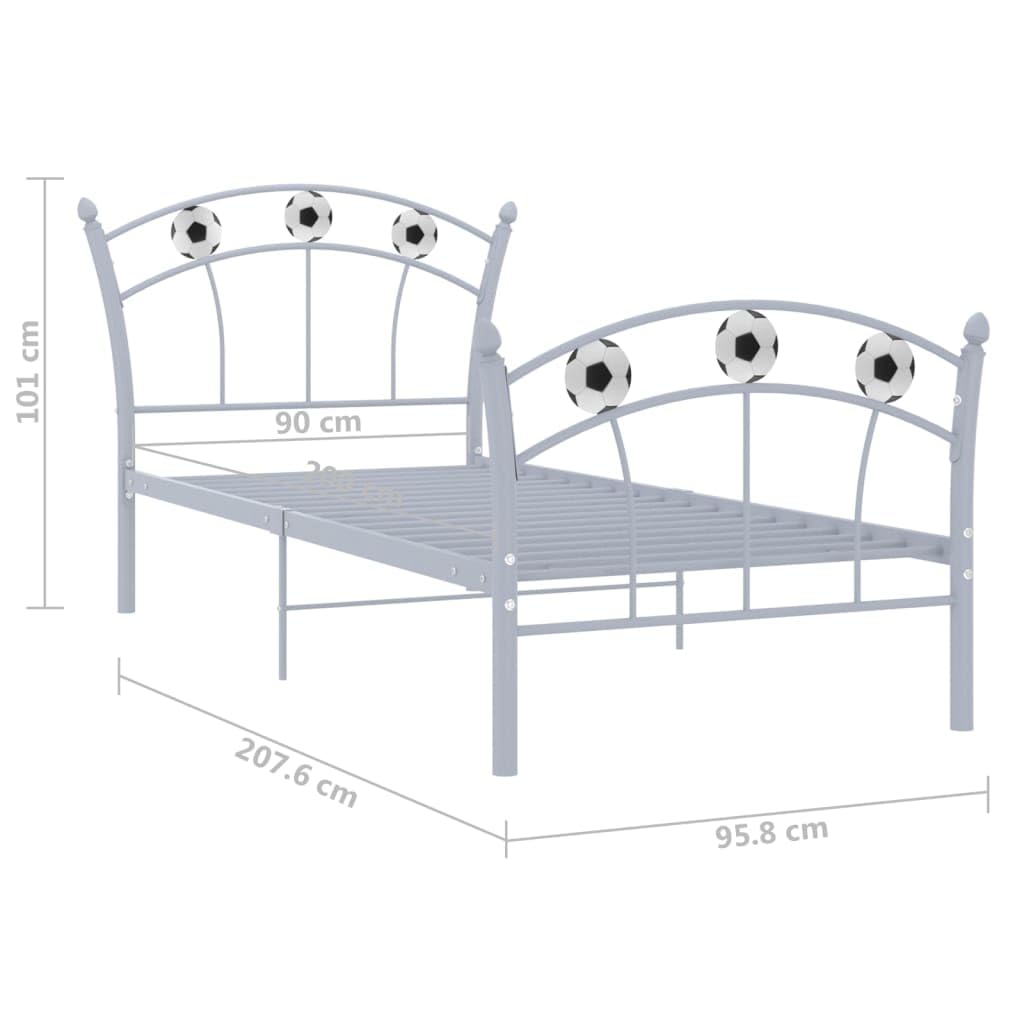 Kinderbett 90x200 cm aus Metall - Einzelbett im Fußball-Design mit Lattenrost, Stabiles Jugendbett für Jungen & Mädchen, Graues Metallbett für das Kinderzimmer, 207,6x95,8x101 cm