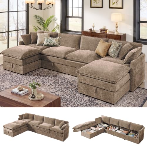 Image of Ihanherry 135 inch Modular Sectional Sofa with Storage, U Shaped Cloud Couch with Movable Ottomans & 4 Pillows, Chenille Deep Seat Sectional Couches for Living Room, Apartment (Brown)