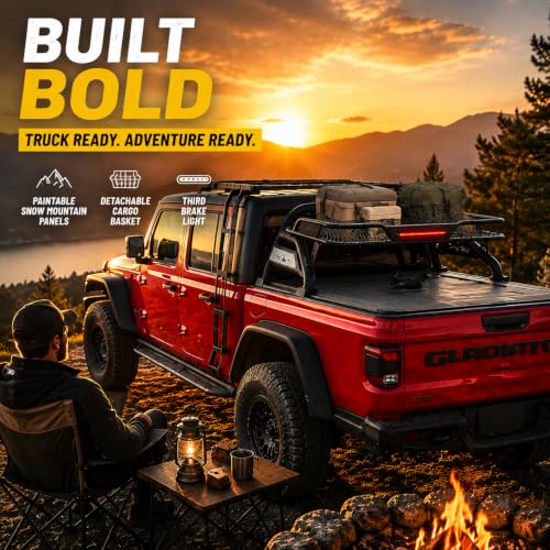 Image of MONOKING Mid Size Roll Bar with Detachable Cargo Basket 3rd Brake Light, for Tonneau Cover for 2007-2026 Tacoma Gladiator Colorado Ranger Canyon Frontier Dakota, Rugged Carbon Steel