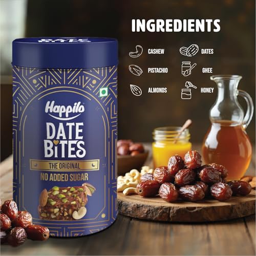 Image of Happilo Celebration Date Bites Tin 200g, Premium Gift, Healthy Snacks, Made with Dates, Cashews, California Almonds, Pistachios, Honey, Ghee