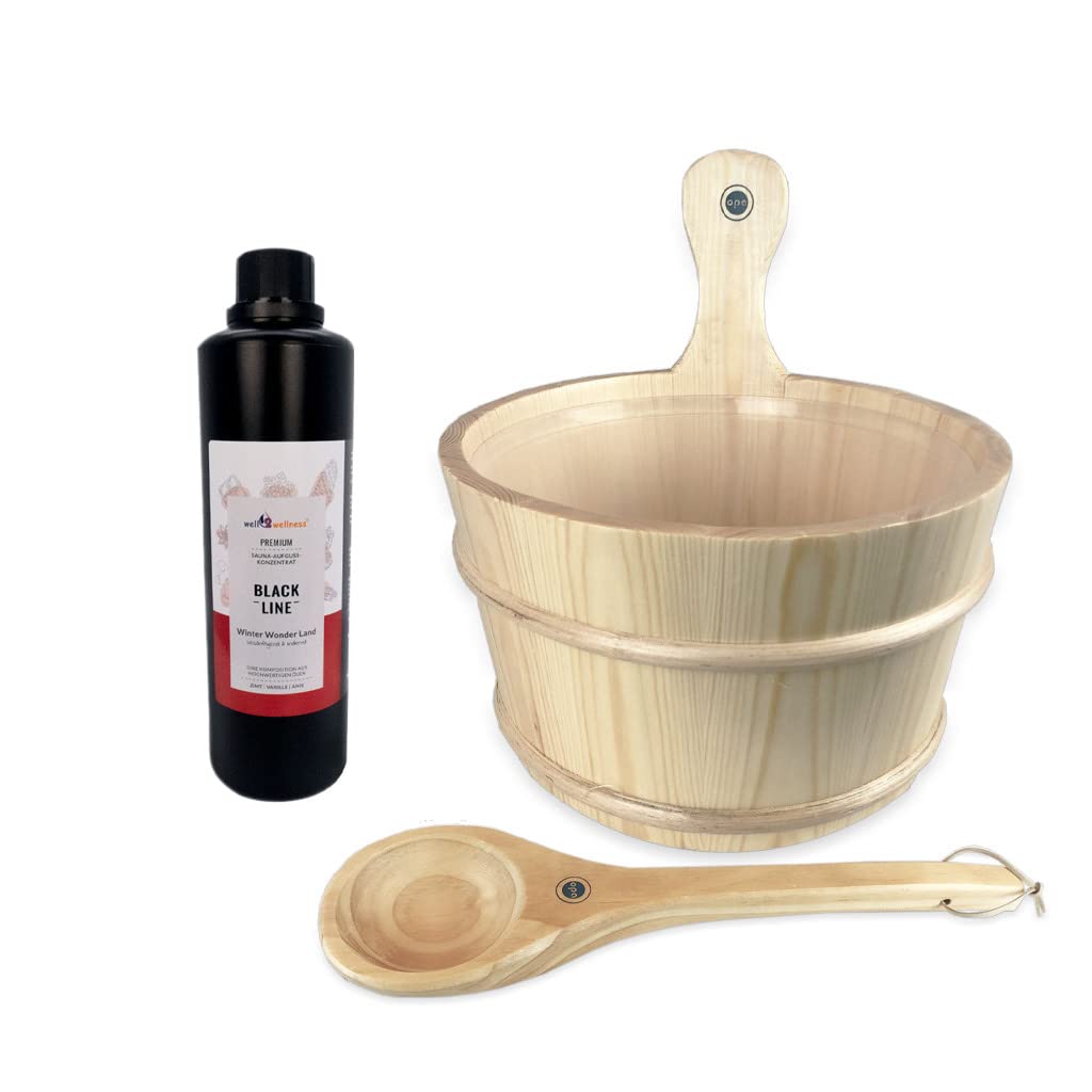 Sauna Set mit Saunakübel + Saunakelle aus hochwertigem Pinienholz plus Saunaduft 500ml Winter Wonder Land
