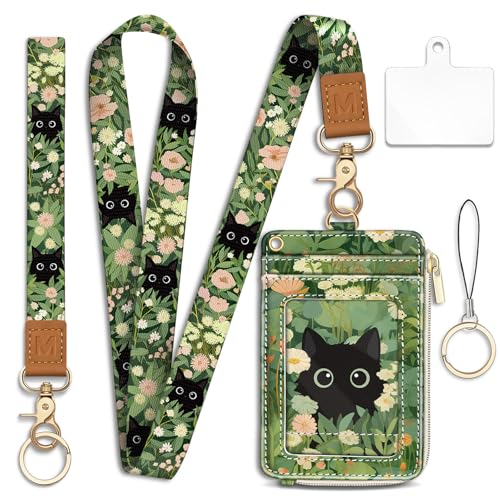 Lanyard Wallet with Id Badge Holder, Floral Cat RFID Small Keychain Wallet Women Wristlet, Cute Zipper Credit Card Holder Phone Wrist Neck Strap for Key Name Tag, Teacher Student Office Gifts