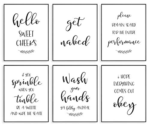 Giftsfarm Bathroom Wall Decor, Bathroom Wall Art, Farmhouse Bathroom Decor, Bathroom Quotes, Signs & Rules Decorations (Set of 6, 8x10in, Unframed)