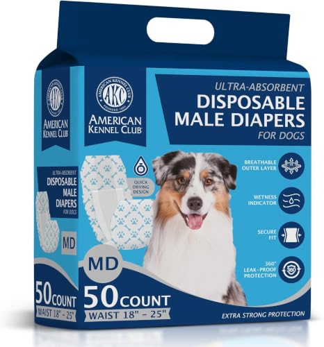 Image of American Kennel Club Male Dog Wrap, Disposable Diapers with Wetness Indicator, Medium, 50 Count (Pack of 6)