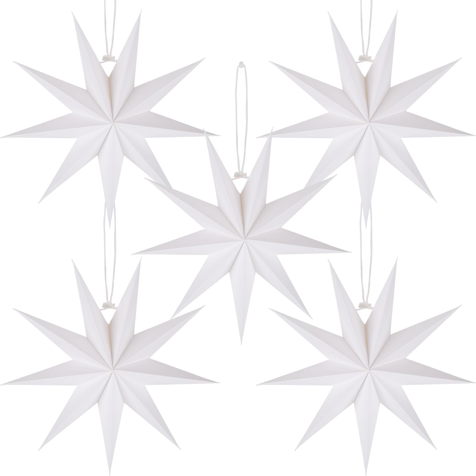 12 Inches 5 PCS White Paper Star Lanterns Hanging Stars Christmas Party Decorations Hanging Lampshade Christmas Wedding Birthday Christmas Home Party Decorations(9 Pointed)