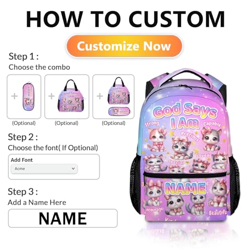 Girls Backpack, Custom 17" Cat School Backpacks for Toddler Kids Teens, Personalized Pink Large Capacity God Says I Am Bookbag for Primary Elementary, Back to School Supplies with Name3