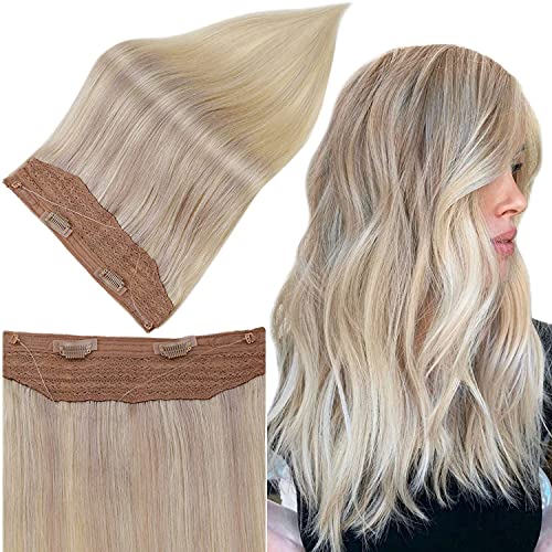 Full Shine Invisible Fish Wire Hair Extensions Remy Human Hair 16Inch Nordic Invisible Line Human Hair Extensions Balayage Color 18/22/60 Blonde Hair Piece 80 Grams
