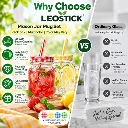 Image of LEOSTICK Glass Mason Jar with Lid & Straw, Transparent 250ml, Set of 2