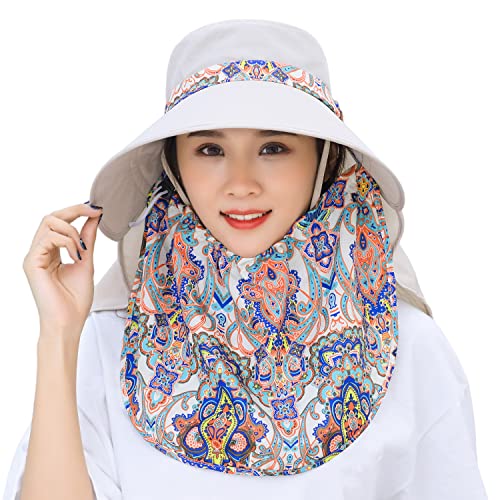Image of Women Wide Brim Face Mask Sun Hat Detachable Neck Face Flap Ponytail UV Protection Visor Hat Garden Fishing Hiking