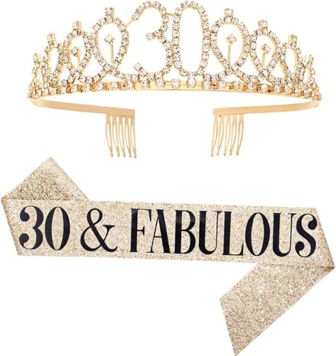 30 and Fabulous Sash & Rhinestone Tiara Set - 30th Birthday Gifts Birthday Sash for Women Birthday Party Supplies (Gold)