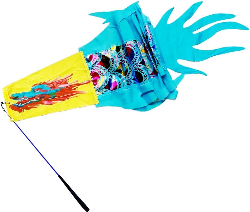 Holographic Dragon Dance Ribbon Streamer, Rainbow Winged Vibrant Dragon Dance Ribbon Poi with Fiberglass Wand for Outdoor Fitness Party Stage Performance Prop Set
