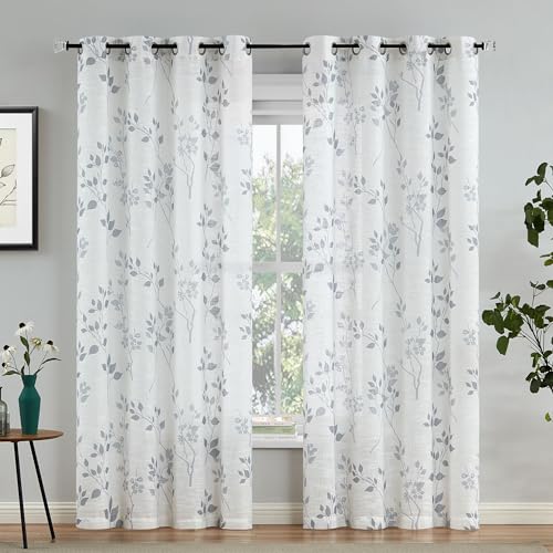 Beauoop Floral Linen Semi Sheer Curtains 84 Inches Long 2 Panels for Living Room Bedroom Grey Farmhouse Flower Patterned Light Filtering Textured Grommet Top Window Treatments Drapes, 50x84 2 Set