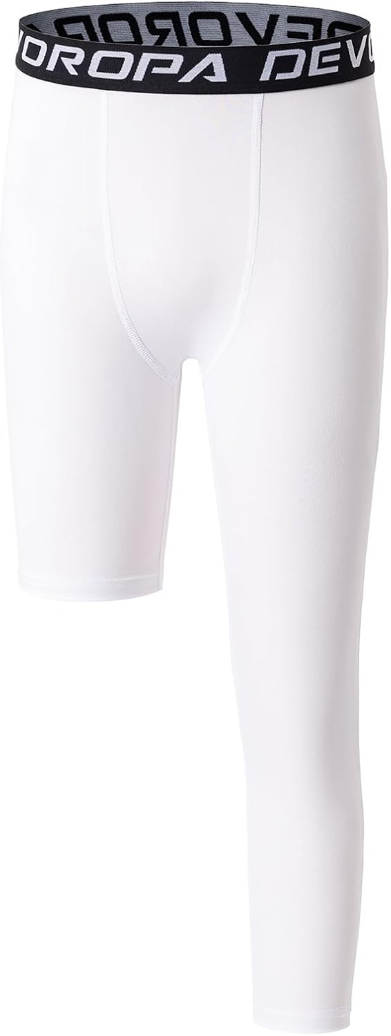 DEVOROPA Youth Boys One Leg Compression Pants for Basketball 3/4 Leggings Sports Tights Kids Athletic Soccer Base Layer