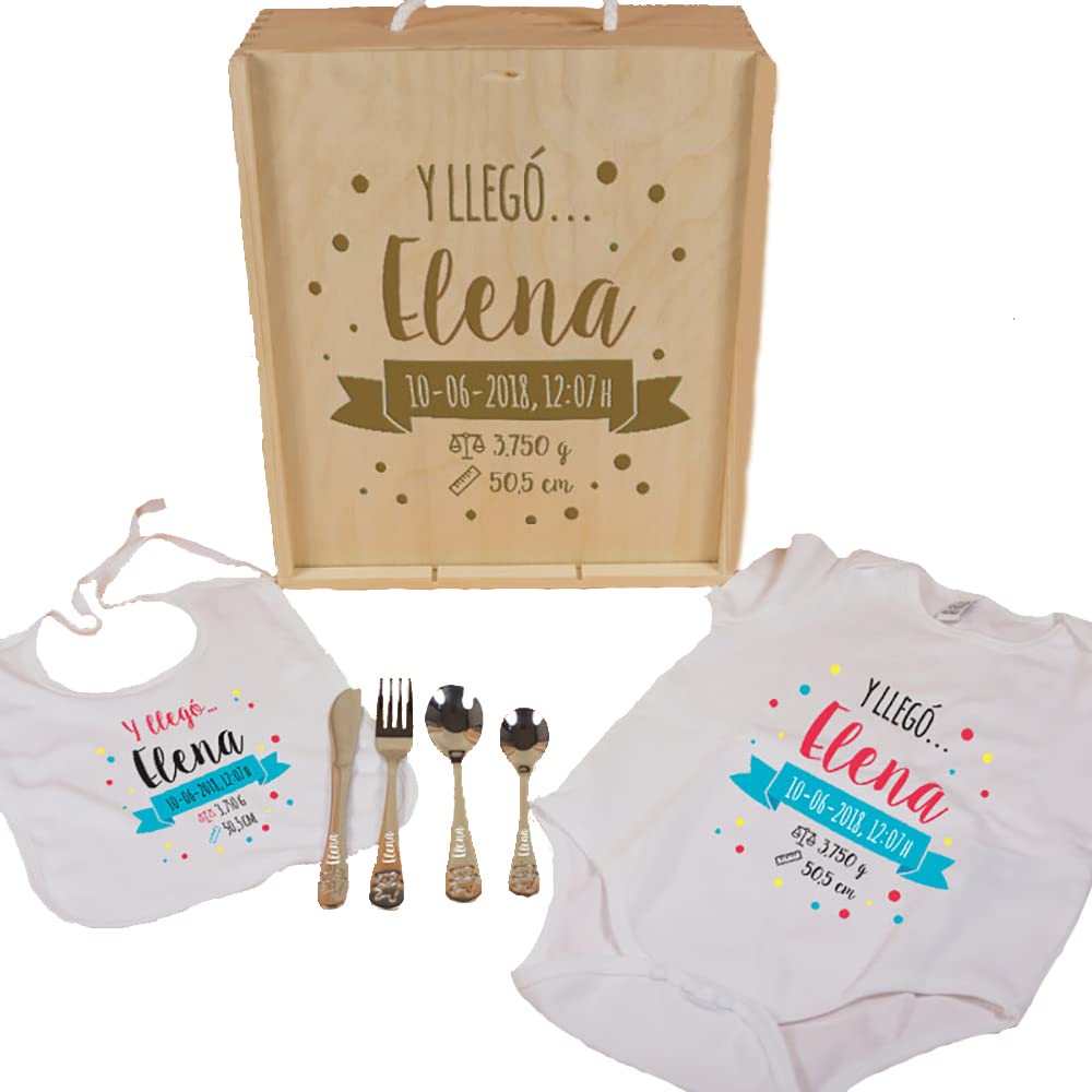 Canastilla personalizada con babero + body + cubiertos en caja de madera