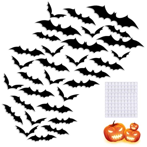 Lot de 84 chauves-souris d'Halloween en PVC noir - Autocollants muraux 3D - 4 tailles - Chauve-souris effrayantes d'Halloween pour fenêtre de maison, fête,...