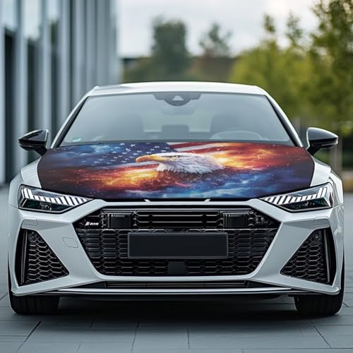 Image of Eagle Car Front Hood Protective Cover Dustproof UV Fade Resistant Hood Wrap Blanket Easy to Install American Flag Patriotic Car Accessories for Auto Trucks SUV