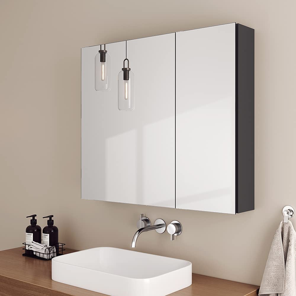 EMKE Armarios con espejo de baño, 75 x 65 x14,5 cm, Mueble con espejo con balda regulable con tirador invisible e interruptor suave, Puerta doble, Mueble con espejo de doble cara, Gris oscuro (Tipo C)