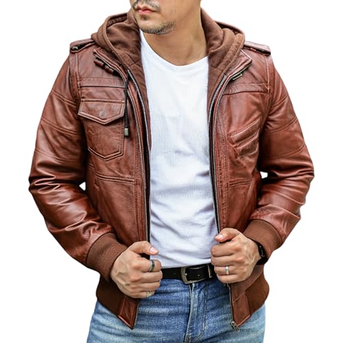 Jild Hooded 2.0 Leather Jacket Men - Genuine Lambskin Leather Bomber Jacket with Removable Hood for Mens Fashion