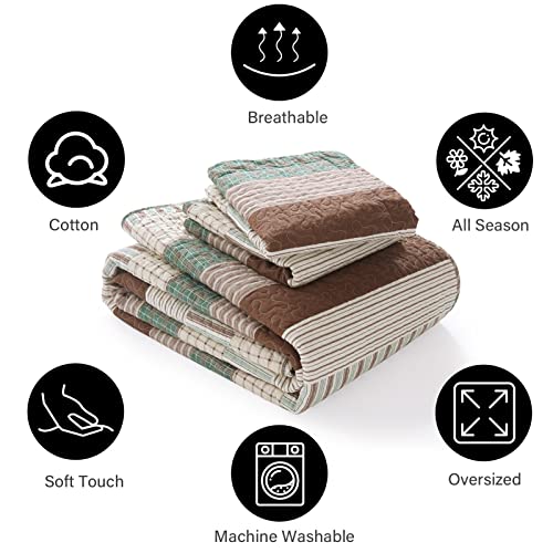 Image of PANGUSHAN 100% Cotton Quilt Set King Size, Patchwork King Quilt Bedding Set Bedspreads, Farmhouse Lightweight Comforter Reversible Quilt, Green /Brown /Beige Bed Spread for All Season, 3 Pieces