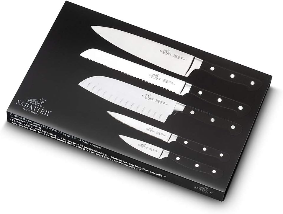 Sabatier Pluton 5 Piece Knife Set (9 cm Paring, 13 cm Utility, 18 cm Santoku, 20 cm Cooks, 20 cm Bread)