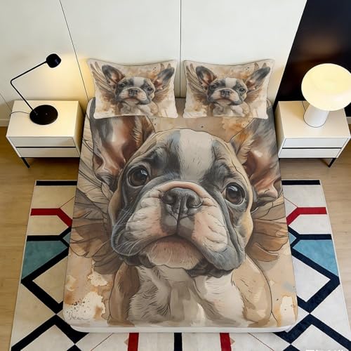 3D Stampato Bulldog Francese Fitted Sheet Microfibra Tasca Profonda Antiscivolo Letto Camera Dog Tema Mattress Fitted Cover 140x200x25cm