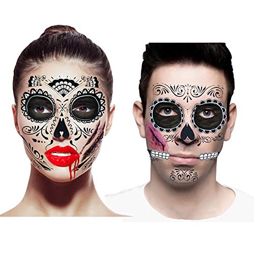 Bloody Skeleton Costume Accessories Set for Couples (Set of 2 Halloween Day of The Dead Face Tattoos, Traditional & Glitter Web Designs, with Bloody Makeup Kit and Fake Blood)