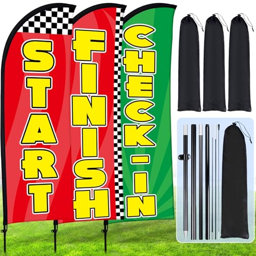 Buryeah 3 Sets Start Finish and Check-in Feather Flag 8 ft Start Advertising Banner Swooper Flag with Pole Kit and Ground Stake for Marathons and Special Events Outside, Red and Green