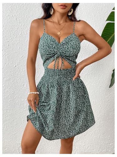 Image of SOLY HUX Women's Summer Floral Print Dress Tie Front Cut Out Shirred A Line Flowy Cami Dresses Vacation Sundress