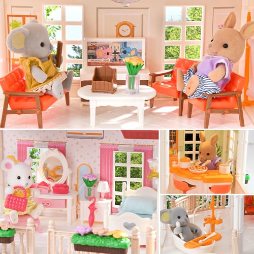 TUZT Big Doll House for Girls 3 4 6-12 Year Old Toddler Toys with 4 Doll Toy Figures, Pool Slide, Elevator, Furniture, Pretend Play Dream Dollhouse Playset with Lights Gifts for Kids Girls Age 3 4 5 6