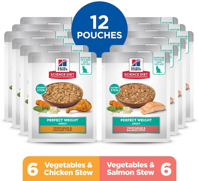 Hill's Science Diet, Perfect Weight Pouch Chicken & Salmon Stew Wet Cat Food Variety Pack, 2.8 Ounce, 12 Pack