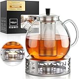 ElbFuchs® Teekanne Glas 1,5 Liter mit Siebeinsatz und Stövchen   Borosilikatglas   Glaskanne mit Edelstahl Filter, tropffrei   Teezubereiter für losen Tee, Kräutertee und Teeblumen