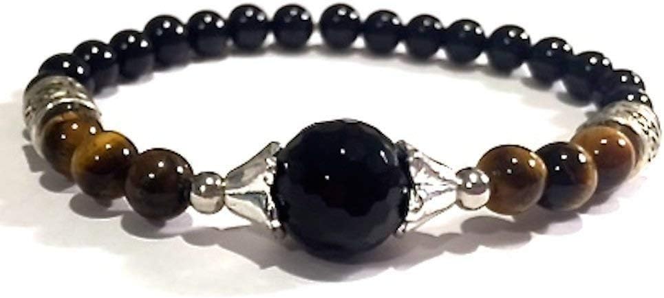 Handmade 7 Inch Black Onyx, Black Tourmaline and Tigers Eye Healing Bracelet