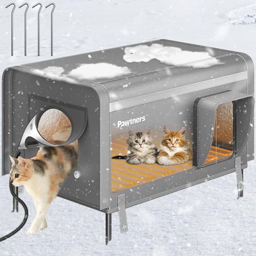 Pawtners Heated Outdoor Cat House for Outside Cats, 26'' XL Insulated Weatherproof Cat Shelter with Heated Pad, Elevated Feet & Escape Door, Warm Kitty House for Feral or Stray Cats in Winter